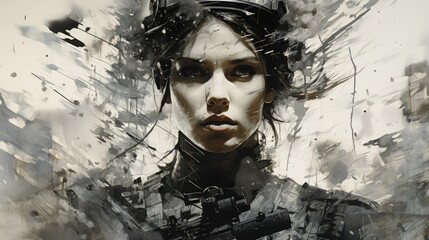 Concept art of the state of the female mind in the context of warfare. Double exposure of a young woman with a chaotic explosion, burst