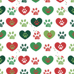 Merry Christmas and Happy new year doodle paw prints with hearts seamless fabric design repeated pattern - 629941630