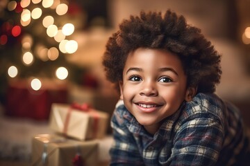 excited child black boy near the Christmas tree at home