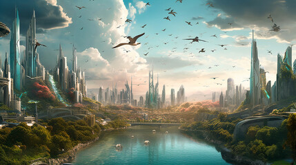 Naklejka premium Whispers of the Future: A Mesmerizing City Park Painting