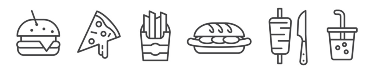 Fast food icons - Hamburger, Pizza, French fries and gyros vector line icons - thin line icon collection on white background - 629942010