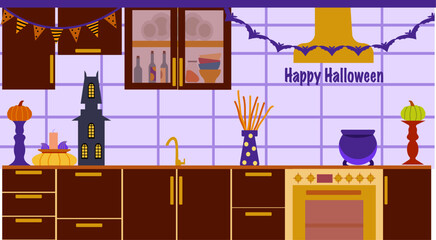Vector illustration of a kitchen decorated for the autumn Halloween holiday is drawn in a flat cartoon style. Horizontal composition