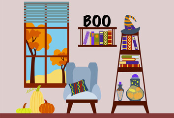 Interior of a cozy living room decorated for the autumn Halloween holiday. An armchair, bookshelves with antique books, pumpkins, inscription boo - an illustration of a room in a flat cartoon style.