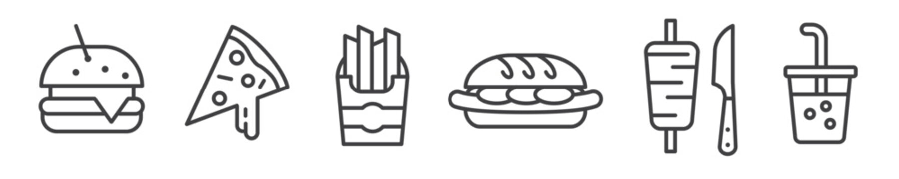 Fast food icons - Hamburger, Pizza, French fries and gyros vector line icons - thin line icon collection on white background