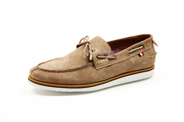 Handmade men's leather moccasins, loafers isolated white background. 