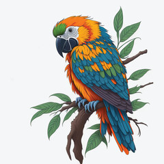 cartoon macaw on tree branch , vector, illustration, white background