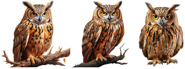 Illustrations of a sitting owl on a branch on a transparent background, generative AI