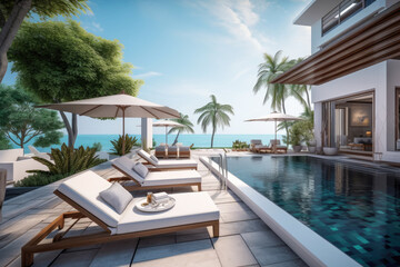 Fototapeta na wymiar Modern and luxury Hotel lounge building architecture design concept, summer villa house residence and private with swimming pool and sea view, resort with space for sunbathing, with Generative Ai.