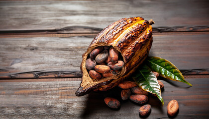 Cocoa pod with cocoa beans on a dark wooden table.