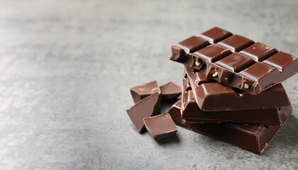 Pieces of tasty chocolate bars on grey table, space for text