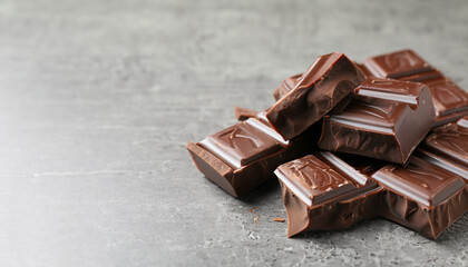 Pieces of tasty chocolate bars on grey table, space for text