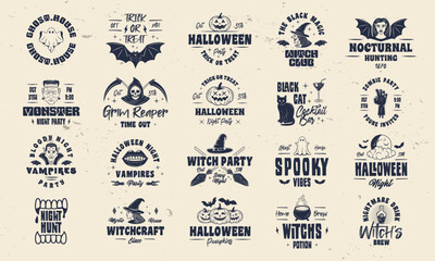 Vector set of signs and logos in Halloween style. Halloween logos set for poster, emblem, party invitation designs. Print for t-shirt, tee. 20 spooky logo designs.	 - obrazy, fototapety, plakaty