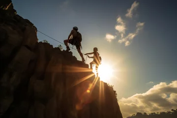 Foto auf Acrylglas Schokoladenbraun people rock climbing with sun flare on mountains with wide lens