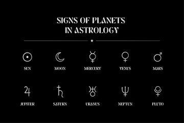 Signs of Planets in Astrology. Planet Signs themed icons in Vector format  © PanzaDesign