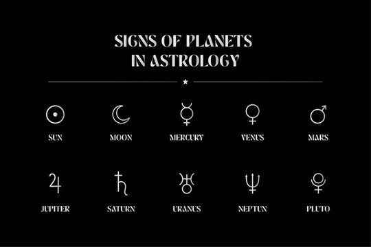 Signs of Planets in Astrology. Planet Signs themed icons in Vector format 