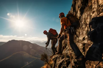 Poster people climbing mountaineering with sun flare on mountains with wide lens © Ricky