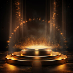 Gold podium on dark background with smoke. Empty pedestal for award ceremony. Platform illuminated by spotlights. Made with generative ai