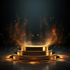 Gold podium on dark background with smoke. Empty pedestal for award ceremony. Platform illuminated by spotlights. Made with generative ai