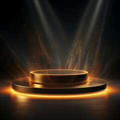 Gold podium on dark background with smoke. Empty pedestal for award ceremony. Platform illuminated by spotlights. Made with generative ai