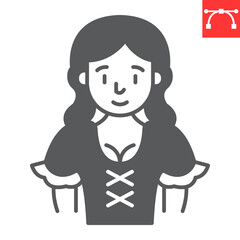 Bavarian woman glyph icon, oktoberfest and festival people, waitress vector icon, smiling woman vector graphics, editable stroke solid sign, eps 10.