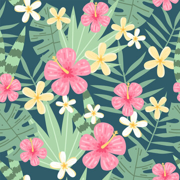 Tropical leaves and flowers seamless patterns, hand drawn colorful vector illustration