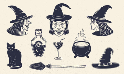 Vintage Witch icons set. Halloween elements. Witch icons isolated on white background. Vector illustration