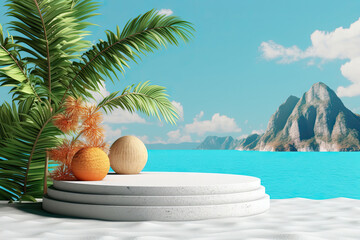 Obraz premium Summer vacation, tropical beach with blue sky and sea for relaxation, panoramic beach background, summer holiday with beautiful nature sand, sunlight, ocean water with Generative AI.