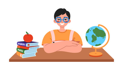 Cute school boy sitting at desk on lesson. Flat vector illustration on white background.