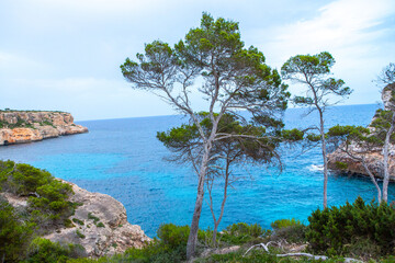 Fototapeta premium Hiking holidays Mallorca, Spain. Beautiful picture with landscape of Serra de Tramuntana mountains in the island of Majorca in Mediterranean sea. Paradise for bikers. Adventure travel.