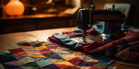 Creative workspace with a vibrant modern quilt in progress, fabric scraps scattered around, detail of sewing machine, warm, inviting, soft lighting - Powered by Adobe