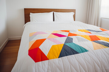 An abstract, geometric quilt, brightly colored, spread over a white queen - sized bed in a minimalist, brightly lit bedroom, wide shot