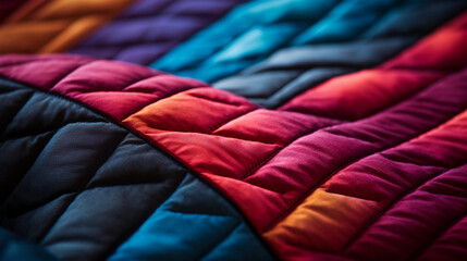 a modern quilt, showcasing the binding and intricate stitch patterns, rich, textured fabrics, captured under soft studio lighting