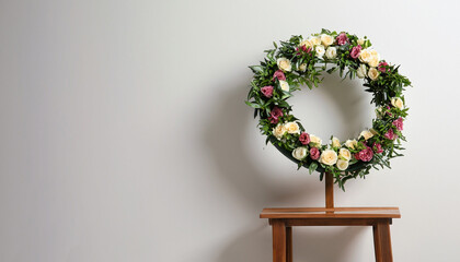 Funeral wreath of flowers on wooden stand near white wall indoors. Space for text