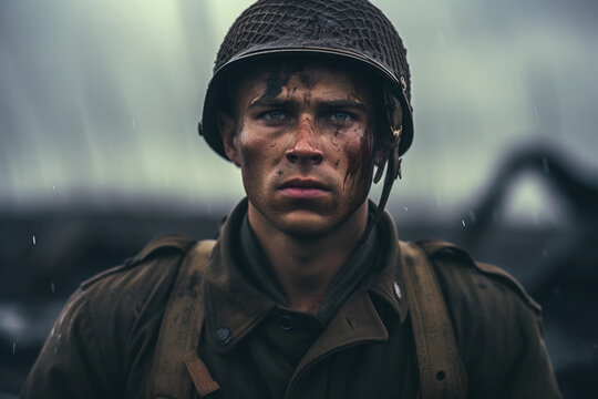 Cinematic portrait, World War II soldier, grim determination, vintage uniform, grungy battlefield background