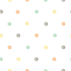 Watercolor seamless pattern multicolor polka dots. Isolated on white background. Hand drawn clipart. Perfect for card, fabric, tags, invitation, printing, wrapping.