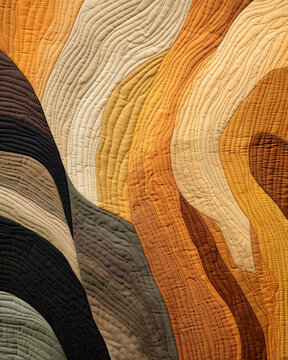 Modern quilted wall hanging, abstract pattern, earth tones, natural light from a nearby window, textural, high - res detail of stitch work © Marco Attano