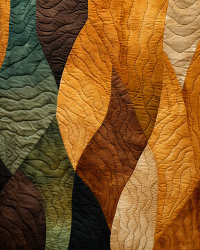 Modern quilted wall hanging, abstract pattern, earth tones, natural light from a nearby window, textural, high - res detail of stitch work
