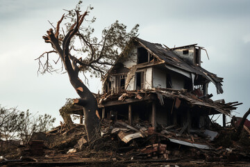 Property insurance after thunderstorm. Destroyed ruined house. Tornado damaged house. Ai generated