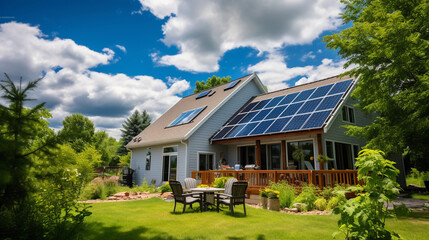Solar - powered home in a verdant suburban neighborhood, bright sunny day, white puffy clouds, eco - friendly living