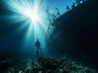 Underwater shot, diver exploring a shipwreck, mysterious, ethereal sunlight beams through water