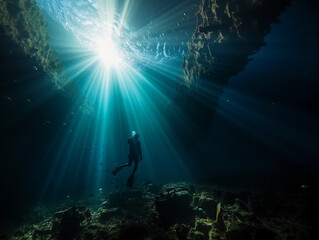 Underwater shot, diver exploring a shipwreck, mysterious, ethereal sunlight beams through water