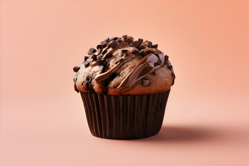 chocolate mud muffin with melted drizzle isolated on plain peach studio background - Powered by Adobe