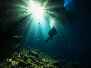 Foto auf Acrylglas Schiffswrack Underwater shot, diver exploring a shipwreck, mysterious, ethereal sunlight beams through water