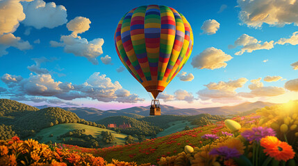 Whimsical and vibrant, quilted hot air balloon, flying over a lush meadow, 3D rendering, highly saturated colors