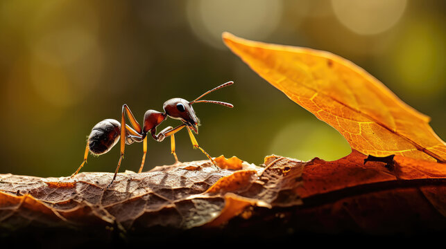 red ant on a leaf macro photo