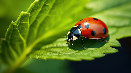 ladybug on leaf  macro photo - obrazy, fototapety, plakaty