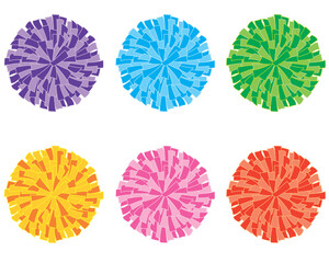 cheerleading, set of six pom-poms, purple, blue, green, yellow, orange, pink, red, isolated on white background - obrazy, fototapety, plakaty