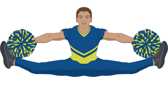 cheerleading, male cheerleader holding pom-poms jumping in X jump isolated on a white background