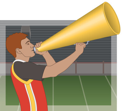 cheerleading, male cheerleader shouting in a megaphone with stadium in background