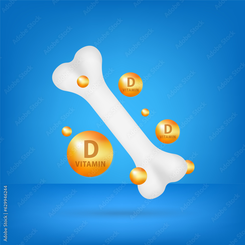 Wall mural Bone healthy and orange vitamin D fall to the ground. Cartilage model isolated on blue background. Minerals care knee joint. Medical concept. Realistic 3D vector. Vector illustration